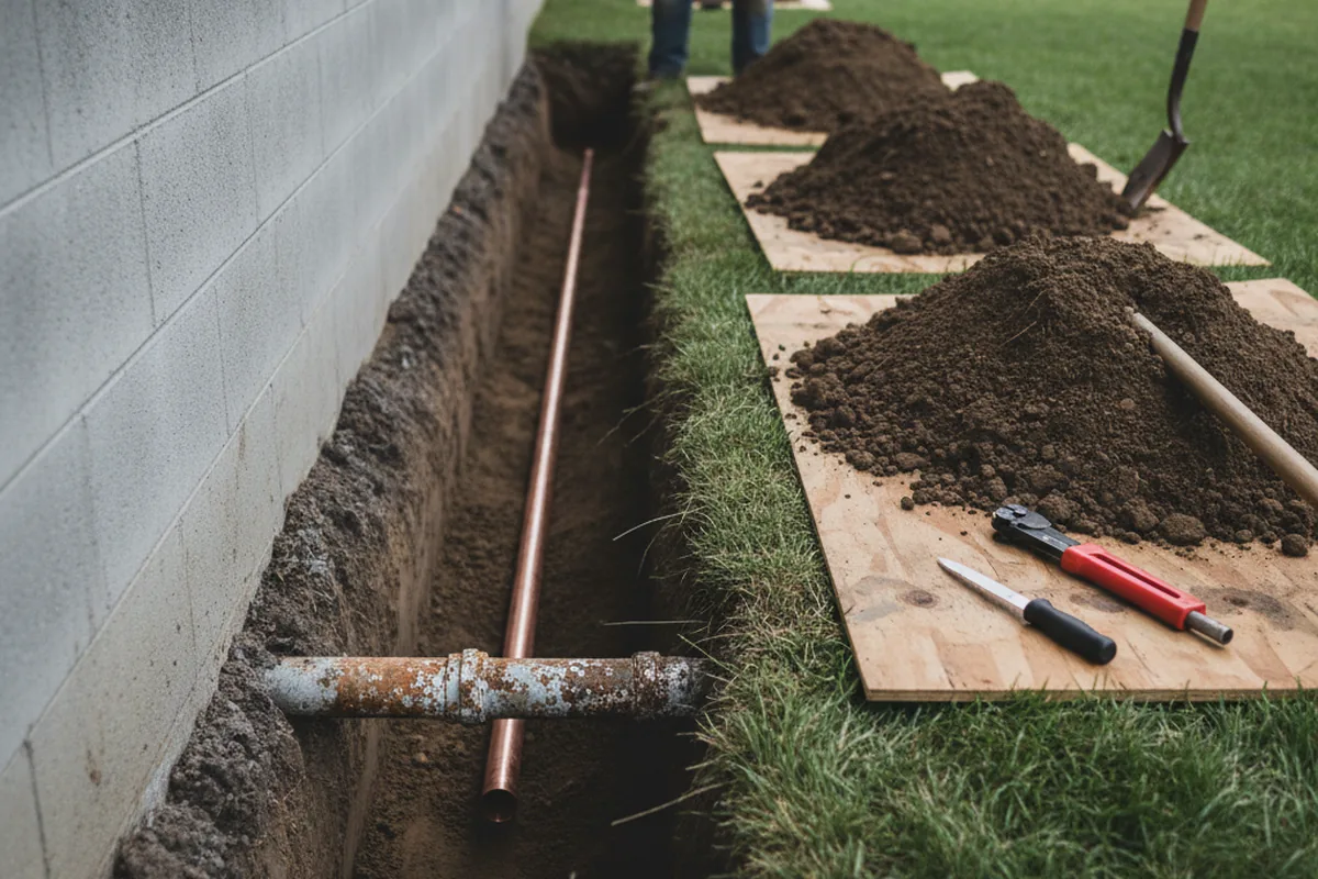 Excavated water line trench during Water Heater Repair in West Lebanon
